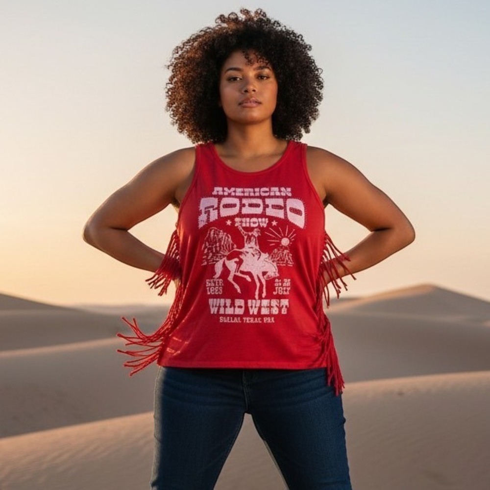 Threads on 9th Womens 1X Red American Rodeo Fringe Graphic Tank Top Wild West